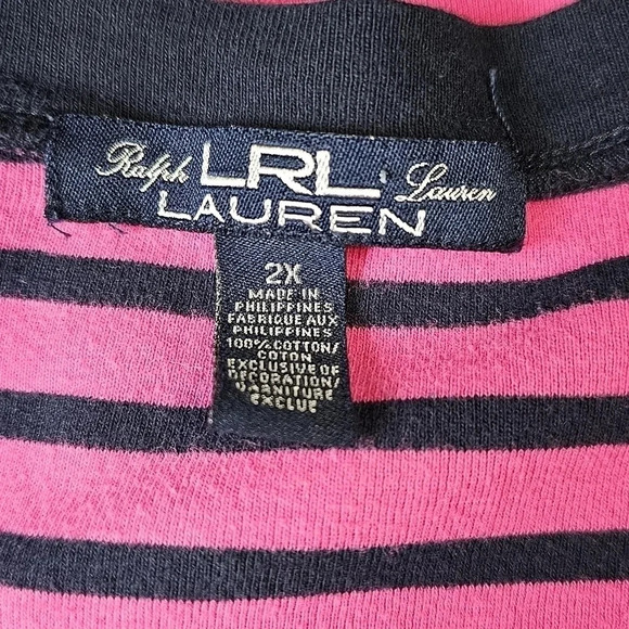 LRL Ralph Lauren 2X Plus Pink Black Striped Cotton Y2K Preppy V-Neck Henley Top - Picture 5 of 8